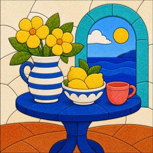 Puede incluir: Una ilustración estilo vidriera que muestra una jarra de rayas azules y blancas llena de flores amarillas, un cuenco de limones amarillos y una taza roja sobre una mesa redonda azul. Una ventana arqueada muestra un mar azul, un sol amarillo y una nube blanca.