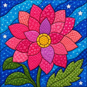 May include: A square fabric quilt block featuring a large, multi-layered flower with pink, magenta, and purple petals, a yellow center, and green leaves. The background is a dark blue fabric with wavy lines, white dots, and small white stars.