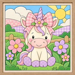 May include: A framed illustration of a cream-colored unicorn with a purple horn, pink gingham bow, and flower, sitting in a green meadow with colorful flowers, a wooden fence, rolling hills, and a bright yellow sun in a blue sky.