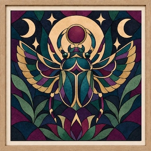 May include: A square framed wall art print featuring a stylised winged scarab beetle in shades of teal, purple, and gold. The design includes a central circular sun motif, two crescent moons, and four-pointed stars, all set against a dark background.