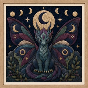 Può includere: Una stampa d'arte da parete quadrata incorniciata raffigurante un drago centrale con grandi e complesse ali di farfalla nelle tonalità del blu, viola e verde acqua. Lo sfondo mostra una luna dorata, fasi lunari e stelle su un cielo blu scuro.