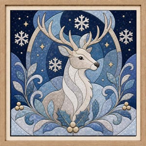 May include: A square framed wall art piece featuring a stylised white deer centred against a dark blue background. The design includes white snowflakes, golden stars, and blue holly leaves with gold berries, all rendered in a layered, stained-glass style.