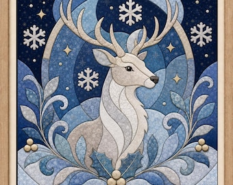May include: A square framed wall art piece featuring a stylized white deer centered against a dark blue background. The design includes white snowflakes, golden stars, and blue holly leaves with gold berries, all rendered in a layered, stained-glass style.