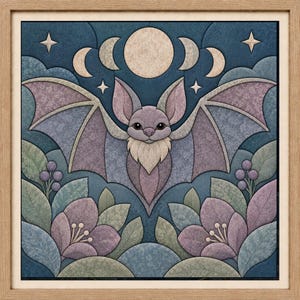 Op de afbeelding: Een vierkant ingelijst kunstwerk aan de muur met een centrale paarse vleermuis met gespreide vleugels, tegen een donkerblauwe nachtelijke hemel met een volle maan en maanfasen. De voorgrond bevat paarse bloemen, groene bladeren en bessen.