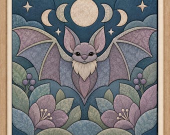 May include: A square framed wall art piece featuring a central purple bat with spread wings, set against a dark blue night sky with a full moon and lunar phases. The foreground includes purple flowers, green leaves, and small berry clusters.