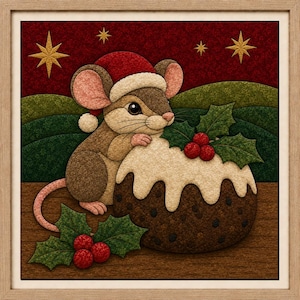 May include: A framed wall art print featuring a brown mouse wearing a red and white Santa hat, leaning against a dark brown Christmas pudding topped with white icing and green holly leaves with red berries, set against a dark red starry background.