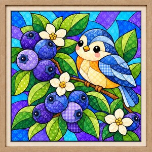 Op de afbeelding: Een vierkant ingelijst wandkunstwerk met een illustratie in glas-in-loodstijl van een kleine blauwe vogel op een tak met trossen donkerblauwe bosbessen, groene bladeren en witte bloemen tegen een levendige blauwe en paarse achtergrond.