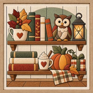 May include: A framed wall art print featuring two wooden shelves. The top shelf holds a mug with autumn leaves, four books, a brown owl, and a lit lantern. The bottom shelf displays three books, a mug with whipped cream, a pumpkin, and a gift box.