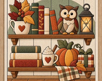 May include: A framed wall art print featuring two wooden shelves. The top shelf holds a mug with autumn leaves, four books, a brown owl, and a lit lantern. The bottom shelf displays three books, a mug with whipped cream, a pumpkin, and a gift box.