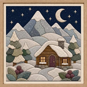 May include: A square wall art piece featuring a fabric-style winter landscape with a wooden cabin, snow-covered mountains, evergreen trees, and a crescent moon in a dark blue starry sky. The scene includes clusters of red berries in the foreground.