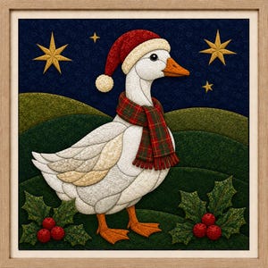 May include: A framed fabric art piece featuring a white goose wearing a red Santa hat with a white pom-pom and a red and green plaid scarf. The goose stands on green hills against a dark blue starry sky, with holly leaves and red berries below.