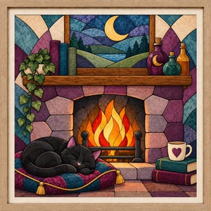 May include: A framed illustration of a black cat sleeping on a patterned cushion in front of a stone fireplace with a fire. A mantel holds books, a trailing plant, and three glass bottles. A mug with a heart sits on a stack of books nearby.