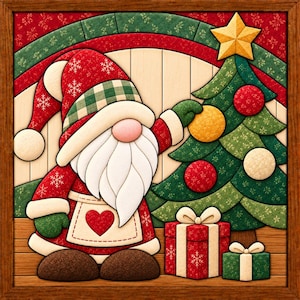 May include: A framed wall art piece featuring a gnome with a white beard, red hat with snowflake patterns, and a cream apron with a red heart. The gnome is decorating a green Christmas tree with ornaments, next to two gift boxes with bows.