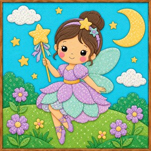Peut inclure: Une illustration numérique d'une fée aux cheveux bruns en chignon, portant une robe à pétales violette et bleu sarcelle ainsi que des chaussons de danse. La fée tient une baguette étoilée jaune sur un ciel bleu avec un croissant de lune.