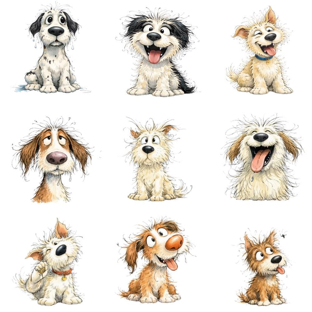 Scruffy Dog Clipart PNG Bundle Quirky Cartoon Mutts Transparent ...