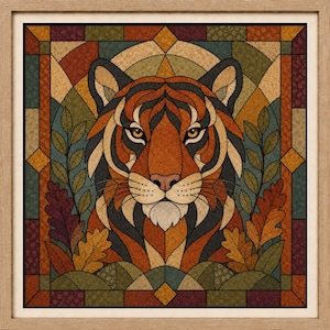 Puede incluir: Una pieza de arte mural cuadrada y enmarcada que presenta un retrato de tigre estilizado con estética de vidriera. El tigre está rodeado de hojas de roble en tonos otoñales y patrones geométricos en naranja, marrón, verde y morado.