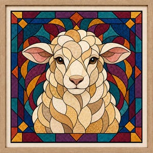 Puede incluir: Una pieza de arte mural cuadrada y enmarcada que presenta una ilustración estilizada de un cordero. El cordero está representado en tonos crema y beige con una estética de vidriera segmentada. El fondo consta de patrones geométricos en azul, rojo y oro.