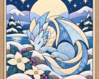 May include: A framed square art print featuring a stylized light blue dragon sleeping in a snowy landscape. The scene includes a large pale moon, dark blue starry sky, snow-covered mountains, pine trees, and white flowers with purple berries.