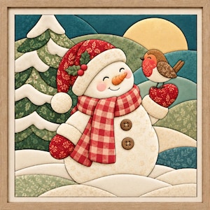 Könnte beinhalten: Ein gerahmtes Wandbild aus Stoff mit einem Schneemann, der eine rote gemusterte Mütze mit Stechpalme und einen rot-weiß karierten Schal trägt. Der Schneemann hat zwei braune Knöpfe, eine orangefarbene Nase und hält ein Rotkehlchen auf einem roten Herz.