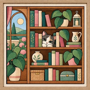 Könnte beinhalten: Eine gerahmte Illustration eines hölzernen Bücherregals mit Büchern, Topfpflanzen, einer Laterne, einem Krug und einer geflochtenen Box. Eine Glückskatze schaut zwischen den Büchern hervor. Links zeigt ein Bogenfenster eine Landschaft mit Sonne.