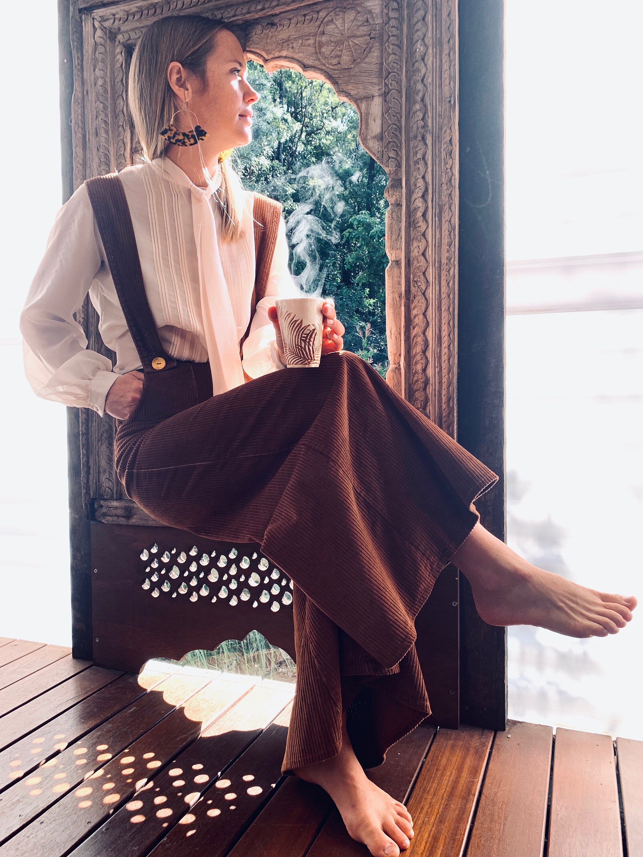Wide Leg 70's Mocha Brown Corduroy High Rise Waist Suspender