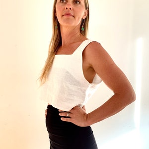 Thick White Linen Box Crop Top Square Neckline Loose Fit
