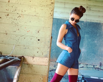 70's Blue Light Weight Denim Jumpsuit Romper Zip Up Onesie