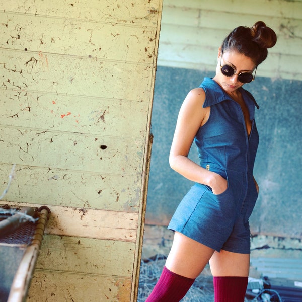 70's Blue Light Weight Denim Jumpsuit Romper Zip Up Onesie