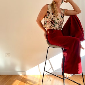 Rich Red Rouge Cotton Velvet Non-Stretch Wide Leg Bells High Rise Waist Flares 70’s Cut