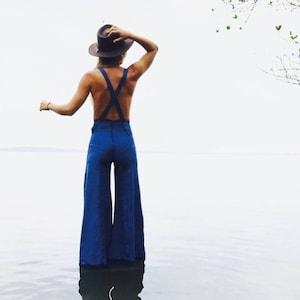 Wide Leg Light Weight Blue Cotton High Rise Waist Overalls Flares