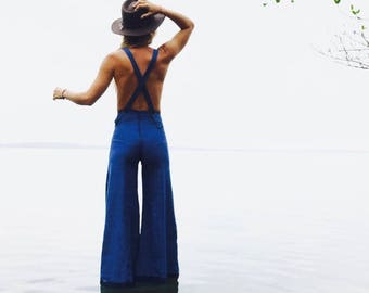 Wide Leg Light Weight Blue Cotton High Rise Waist Overalls Flares