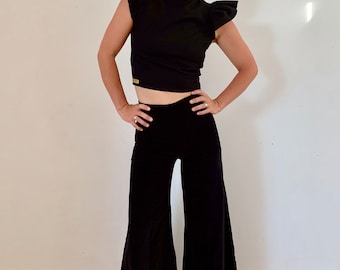 Black Wide Leg Bells High Rise Waist Flares