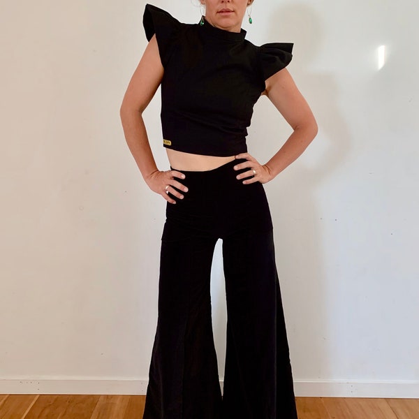 Black Wide Leg Bells High Rise Waist Flares