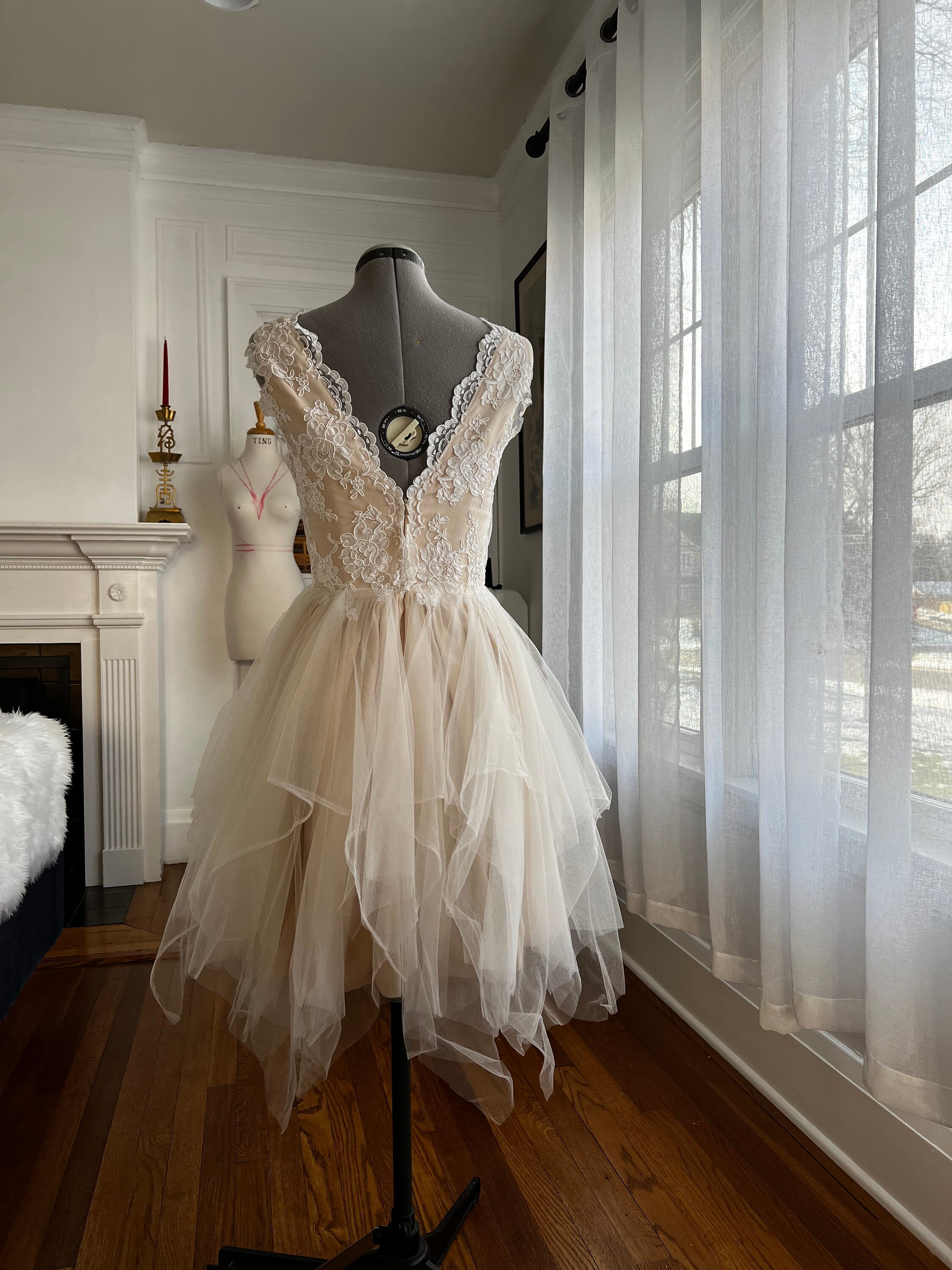 Short Emma Dress-vintage Lace and Tulle Champagne/white Fall