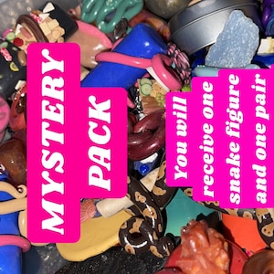 May include: A close-up image of a variety of colourful handmade polymer clay jewellery pieces. The image includes a sign that says "Mystery Pack" and another sign that says "You will receive one snake figure and one pair of earrings".
