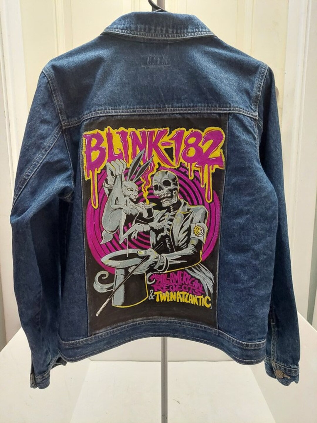 Custom Painted Denim Jacket Blink 182 Grey Rabbit - Etsy