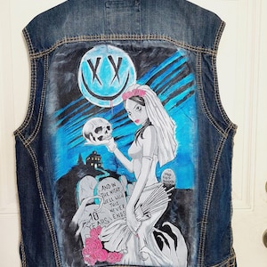 Custom Painted Antique Rivet Denim Vest - Blink 182 - Men&#39;s Size XL