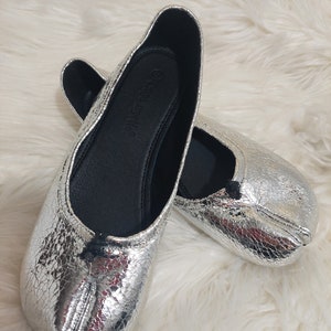 May include: A pair of silver metallic ballet flats with a pointed toe and a black leather insole. The shoes have a textured, slightly wrinkled surface.
