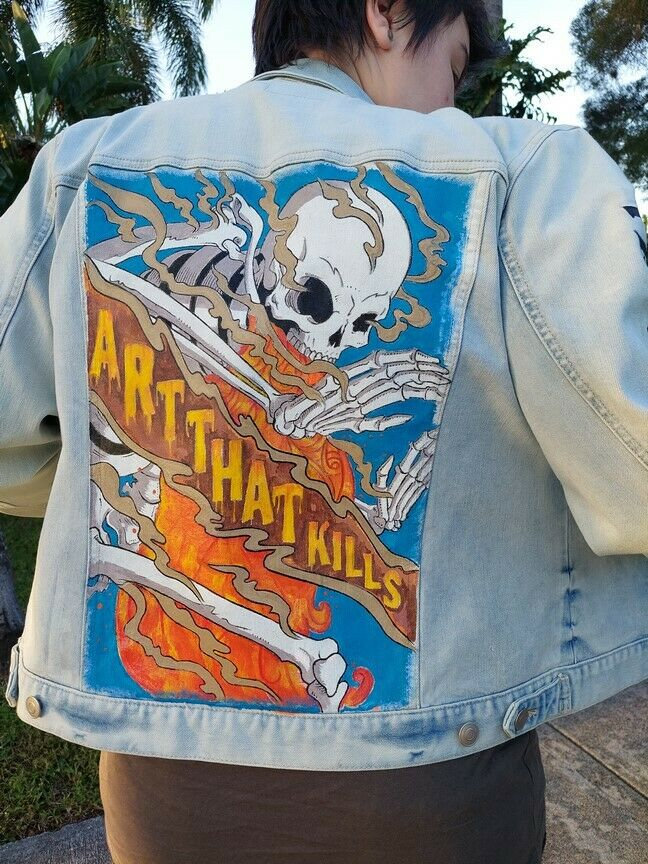 Custom Painted Denim Battle Jacket - Art That Kills - Trust Custom Painted Denim Battle Jacket - Art That Kills - Trust