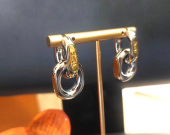 VTG Yves Saint Laurent Earrings Silver Tone YSL Logo Minimalism Women's Gift