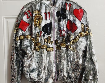 Vintage 80&#39;s VEGAS Casino Fully Sequined Embellished Silk Bomber Jacket / Lucky Dice / Cards
