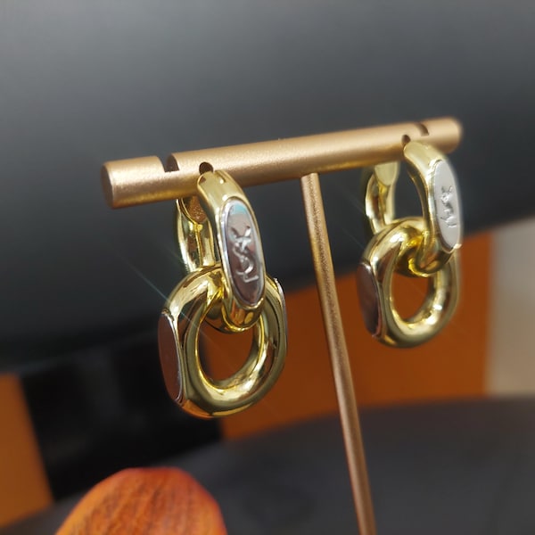 VTG Yves Saint Laurent Earrings Gold Tone YSL Logo Minimalism Women's Gift