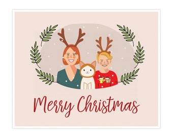 Christmas Card, Family Portrait, Custom Christmas Card, Printable Portrait Illustration, reindeer horns, christmas