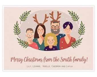 Christmas Card, Family Portrait, Custom Christmas Card, Printable Portrait Illustration, reindeer horns, christmas