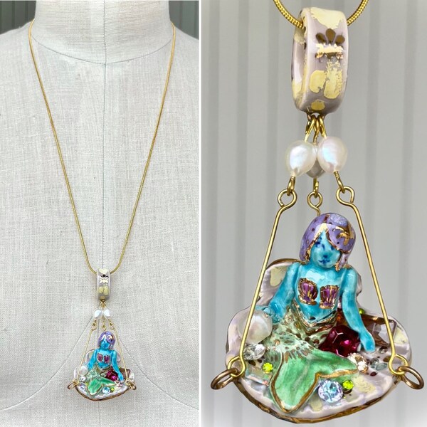 Mermaid Treasure Hoard Necklace, Glass Rhinestone Jewel & Pearl Encrusted Statement Piece, Purple, Blue, HotPink, Green, Ocean Themed