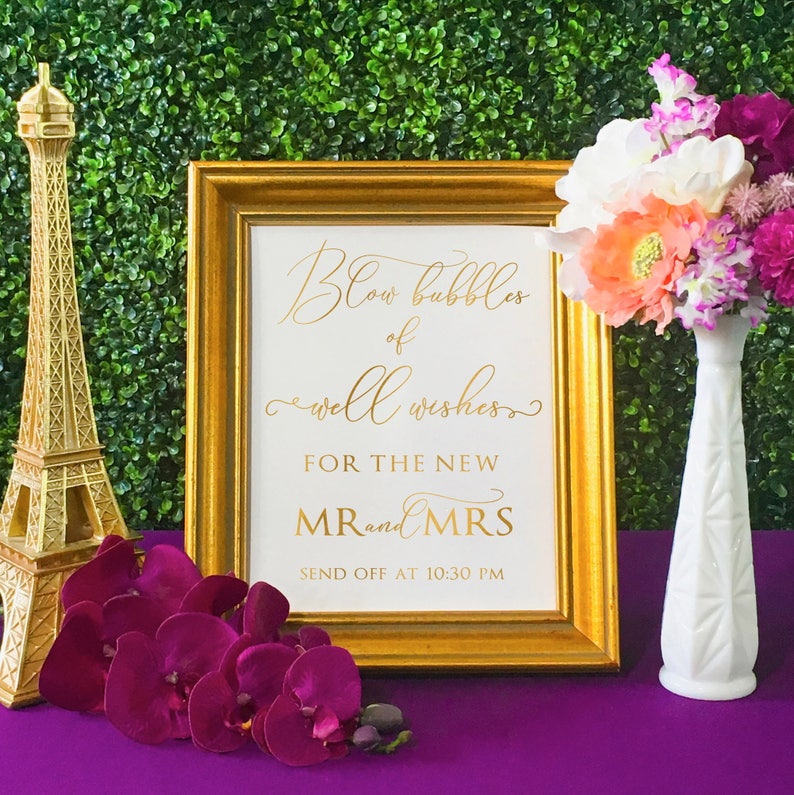 Wedding Signage Bubble Send Off Blow Bubbles Real Gold Foil Print Custom Sign Reception Party
