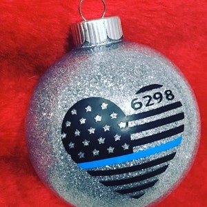 Thin Blue Line Police Ornament • Personalized Law Enforcement Christmas Ornament • Glitter Heart Flag Ornament • Police Officer Gift