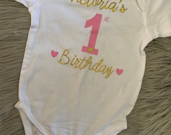 Personalized 1st Birthday Onesie | Custom Baby Girl Birthday Outfit | Glitter Name Bodysuit