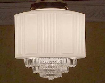 956 Antique/Vtg 1930's 40's arT Deco Glass Shade Ceiling Light Fixture hall entry bath 4 tiered