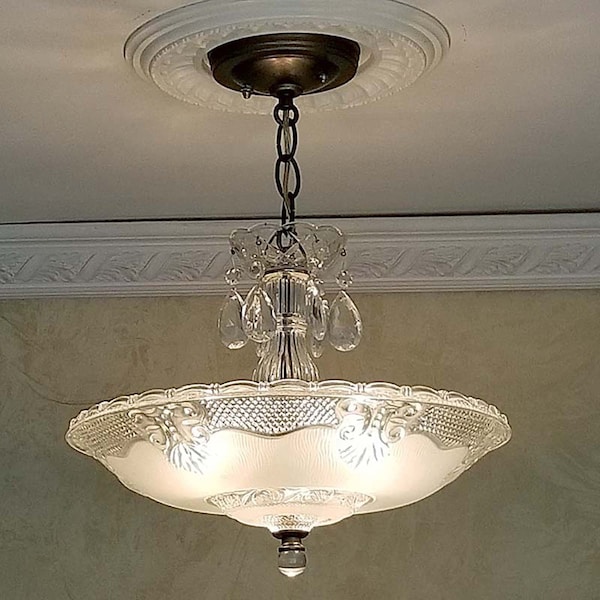 284a Antique/Vtg 1940's  Ceiling Light Fixture Chandelier Glass Shade Lamp Dining Room Bedroom Kitchen Entryway